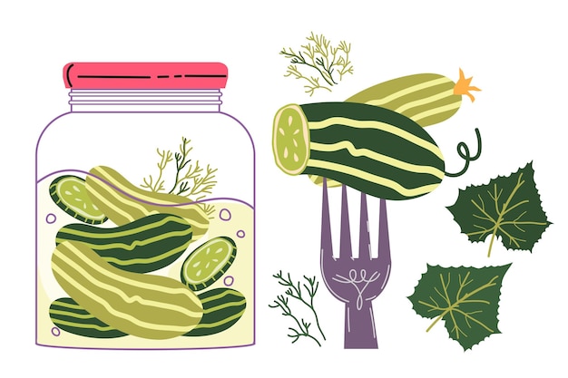 Vetor ilustração vetorial isolada de pepinos, vegetais e frascos de deliciosos picles