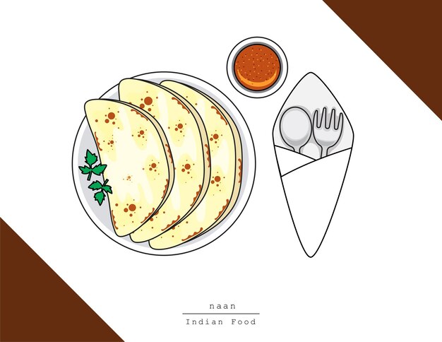 Ilustração vetorial isolado prato de comida indiana na vista de mesa com garfo e colher naan flatbread