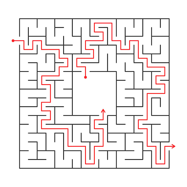 Ilustração vetorial labirinto abstrato encontre o caminho certo isolado linha preta de milha quadrada simples no fundo branco