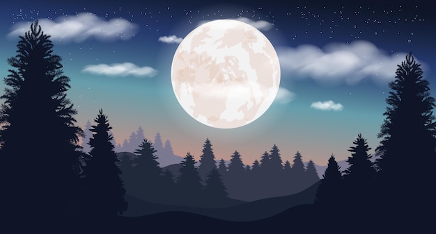 Ilustração vetorial Lua paisagem noturna Céu estrelado nas nuvens Floresta noturna