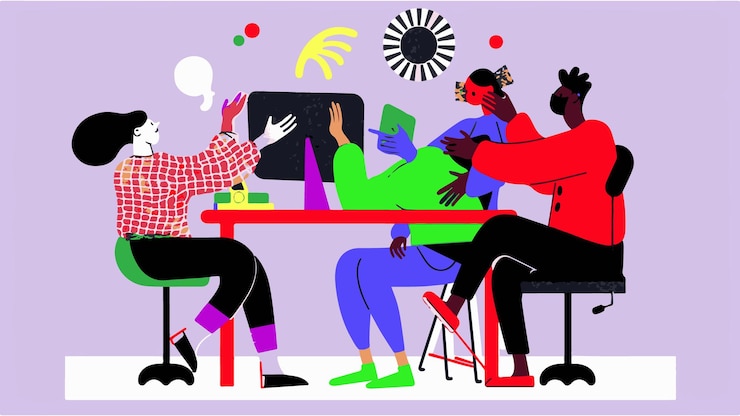 Vetor ilustração vetorial minimalista de uma equipe criando uma aplicação digital de ideias de computador 3 pessoas