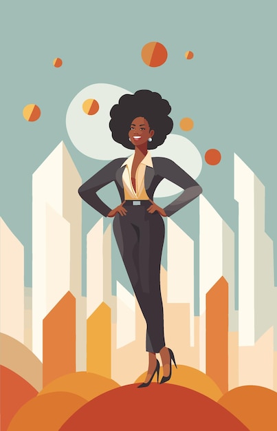 Ilustração vetorial minimalista de uma mulher negra confiante em um terno de negócios perfeito para temas corporativos e profissionais