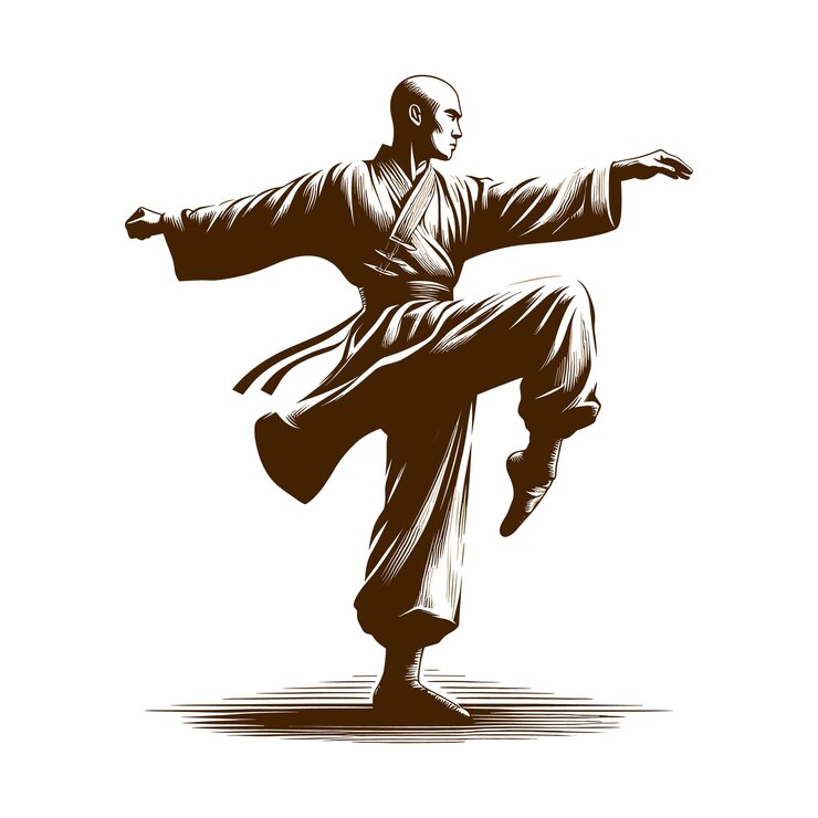 Vetor ilustração vetorial monge shaolin postura dinâmica de uma perna pose graça precisão artes marciais