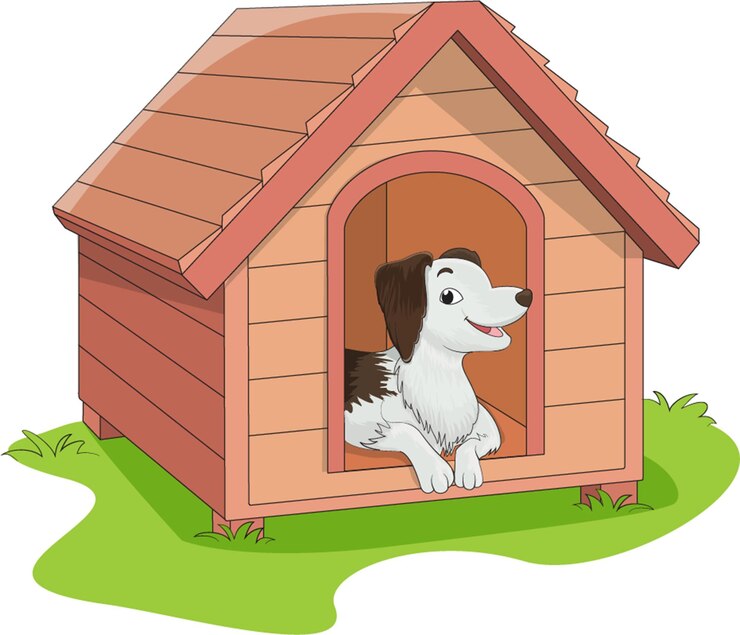 Vetor ilustração vetorial mostrando cachorrinho fofo sorrindo alegremente sentado em seu canil