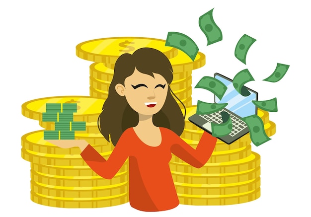 Vetor ilustração vetorial mulher feliz trabalhando e ganhando dinheiro online salário de internet de renda passiva