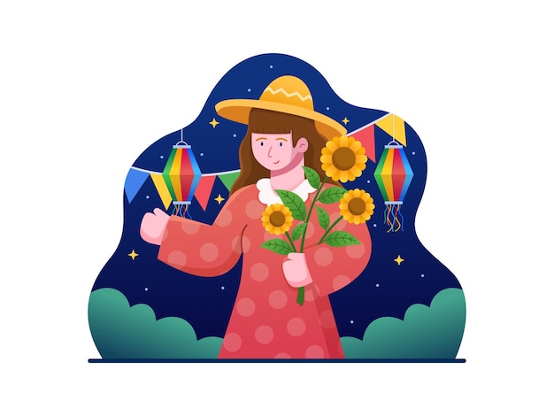 Ilustração vetorial mulher segurando um girassol e feliz celebrando o carnaval da festa junina