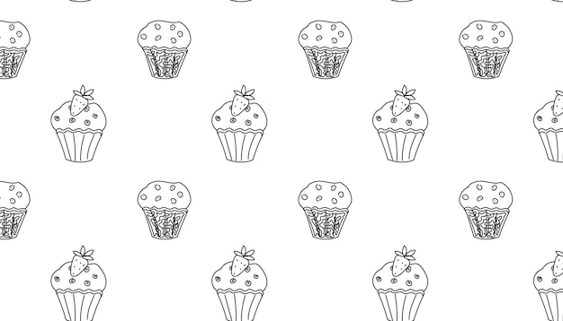 Ilustração vetorial padrão linear com doces em um fundo branco cupcakes com morangos