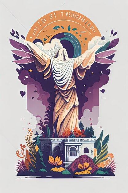 Vetor ilustração vetorial país marca de terra famosa estátua mundial com bandeira e flores