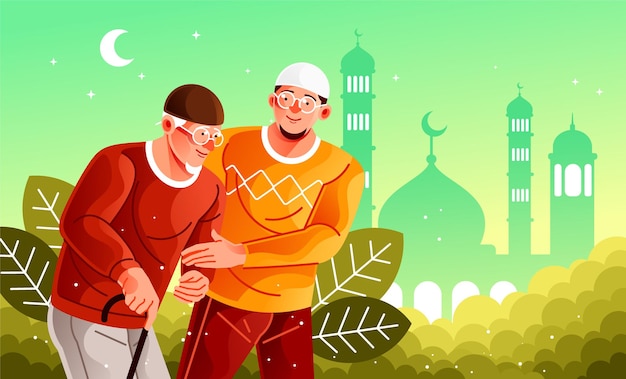 Ilustração vetorial para ajudar o velho a ir para a mesquita