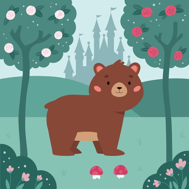 Ilustração vetorial para conto de fadas com urso de desenho animado no jardim