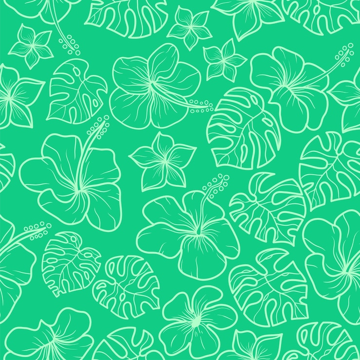 ilustração vetorial para fundo verde sem costura com flores e folhas no estilo de desenho de linha