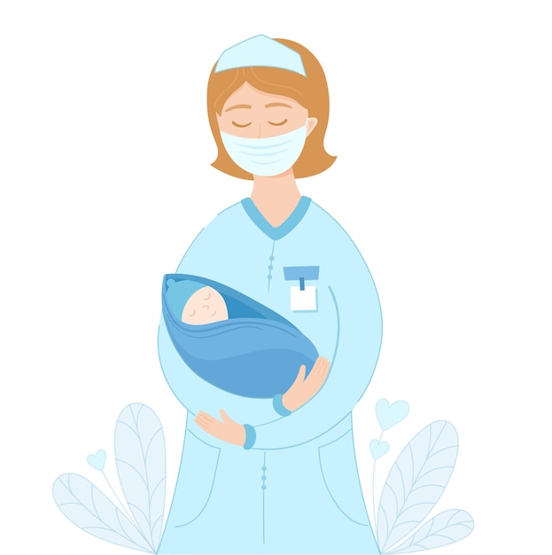Ilustração vetorial para o dia da parteira enfermeira ou parteira com máscara segurando um recém-nascido pelas mãos