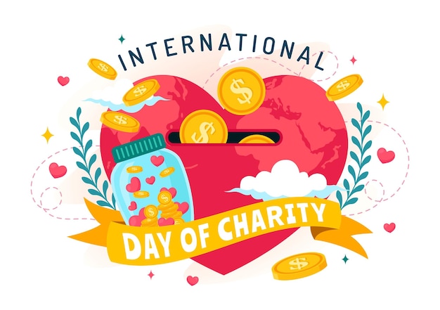 Ilustração vetorial para o Dia Internacional da Caridade em 5 de setembro com um pacote de doação Love Concept Background por Volunteer in Flat Cartoon
