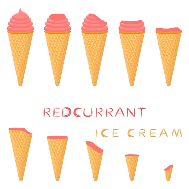 Ilustração vetorial para sorvete natural de groselha vermelha em cone de waffle Padrão de sorvete consistindo de sorvete doce frio saboroso sobremesa congelada Sorvetes de frutas frescas de groselha em cones de wafer
