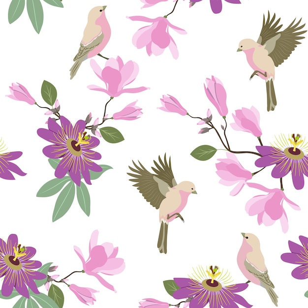 Vetor ilustração vetorial perfeita com flores tropicais passiflora magnolia e pássaros sem fundo branco