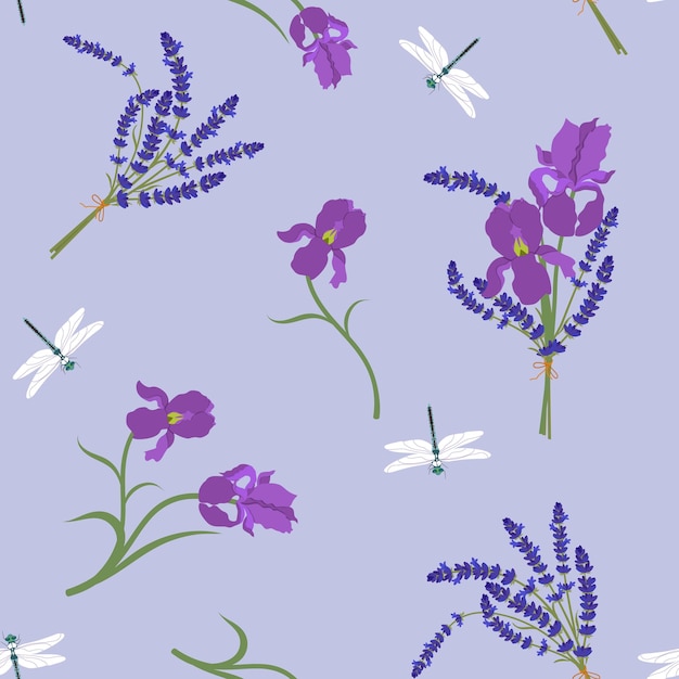 Ilustração vetorial perfeita com íris de lavanda e libélulas em um fundo azul