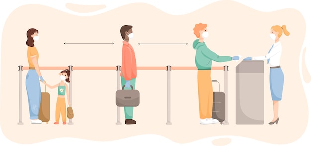 Ilustração vetorial pessoas homens mulheres e crianças esperando o embarque ou check-in no aeroporto em uma fila com uma distância em uma pandemia