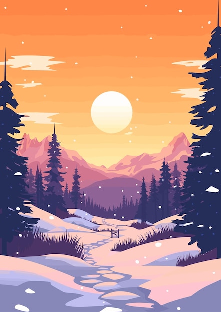 Vetor ilustração vetorial plana colorida dos desenhos animados da paisagem de inverno