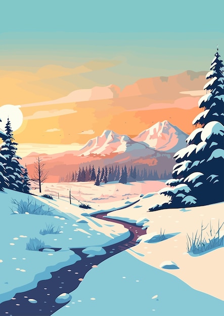 Vetor ilustração vetorial plana colorida dos desenhos animados da paisagem de inverno
