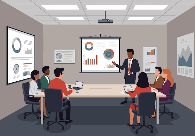 Ilustração vetorial plana de apresentação de negócios em uma sala de conferências moderna Reunião profissional