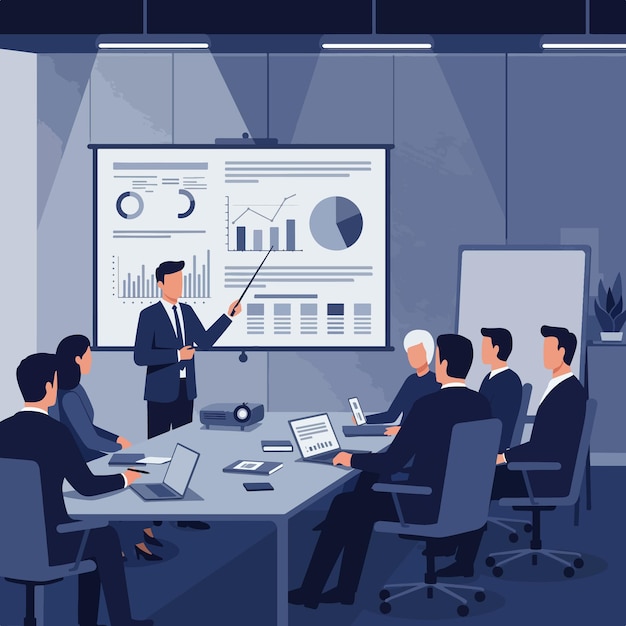 Ilustração vetorial plana de apresentação de negócios em uma sala de conferências moderna Reunião profissional