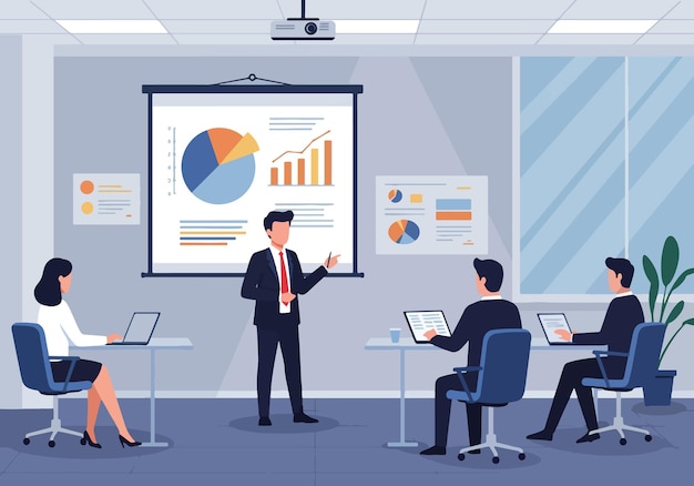 Ilustração vetorial plana de apresentação de negócios em uma sala de conferências moderna Reunião profissional