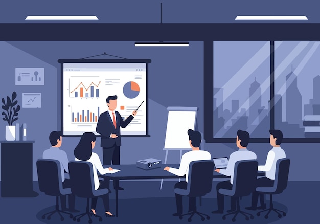 Ilustração vetorial plana de apresentação de negócios em uma sala de conferências moderna Reunião profissional