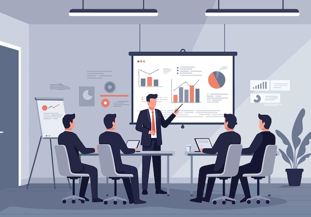 Ilustração vetorial plana de apresentação de negócios em uma sala de conferências moderna Reunião profissional