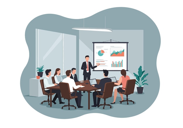 Ilustração vetorial plana de apresentação de negócios em uma sala de conferências moderna Reunião profissional