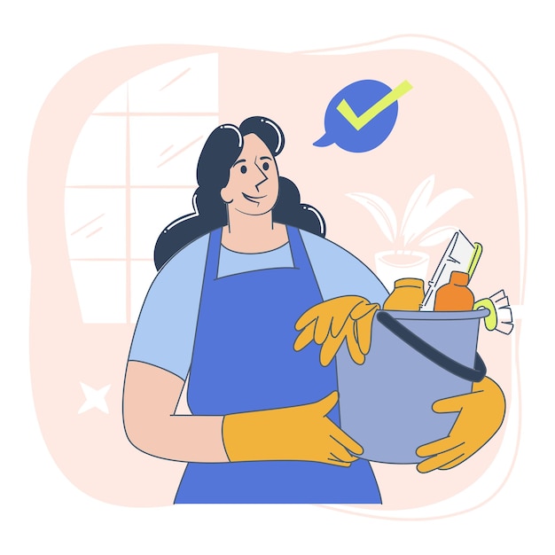 Ilustração vetorial plana de balde de limpeza feminina segurando suprimentos de limpeza