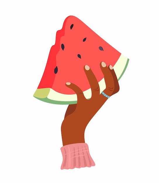 Ilustração vetorial plana de desenho animado de mão negra segurando melancia pedaço de fruta fatiada