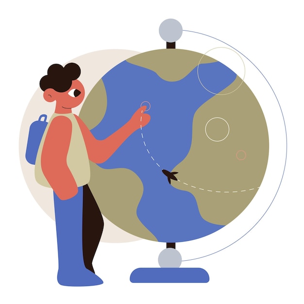 Ilustração vetorial plana de desenho animado Geografia da matéria escolar Estudante com uma maleta gira o globo