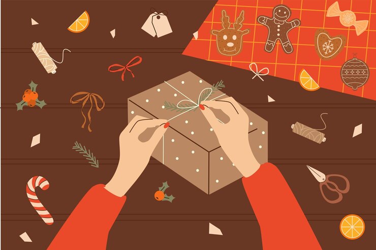 Vetor ilustração vetorial plana de embalagens de presentes de natal de cima embalagens surpresa