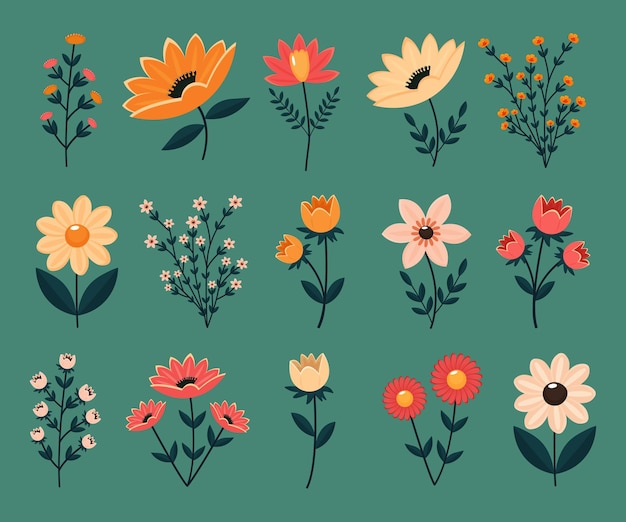 Ilustração vetorial plana de flores de prado de primavera