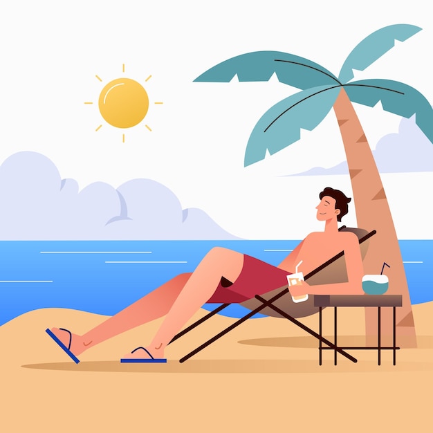 Ilustração vetorial plana de Healing Vacation Beach Tan Man