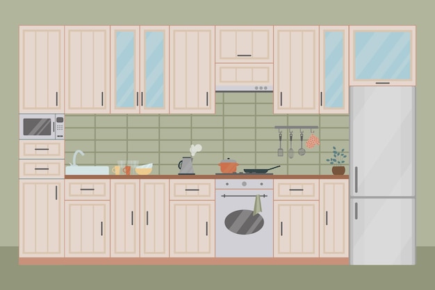 Ilustração vetorial plana de interior de cozinha aconchegante, móveis de geladeira, forno, vaso de flores, chaleira