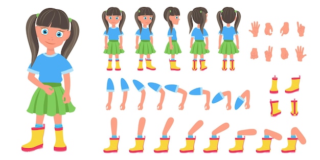 Ilustração vetorial plana de personagem de desenho animado de menina definida para animação várias visões poses e