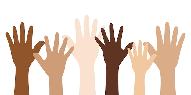 Vetor ilustração vetorial plana de pessoas com diferentes cores de pele, levantando as mãos conceito de unidade