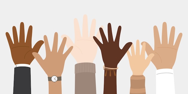 Ilustração vetorial plana de pessoas com diferentes cores de pele, levantando as mãos Conceito de unidade