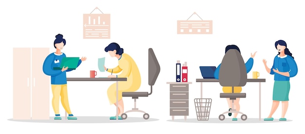 Ilustração vetorial plana de pessoas ocupadas nos colegas de escritório se comunicando durante o trabalho