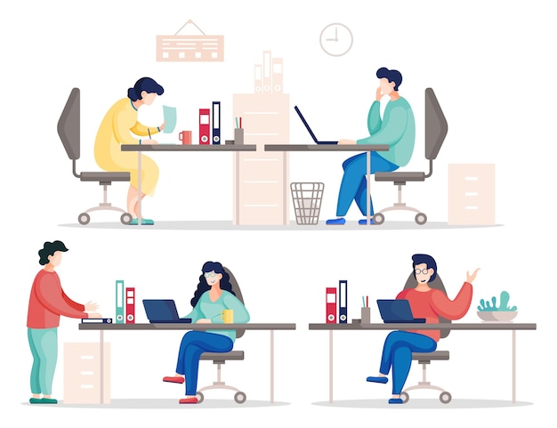 Ilustração vetorial plana de pessoas ocupadas nos colegas de escritório se comunicando durante o trabalho