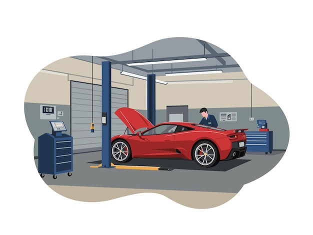 Ilustração vetorial plana de um mecânico de carros profissional reparando um carro esportivo vermelho de luxo