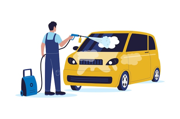 Ilustração vetorial plana de um trabalhador de lavagem de carros a limpar um pequeno veículo amarelo com uma lavadora a pressão