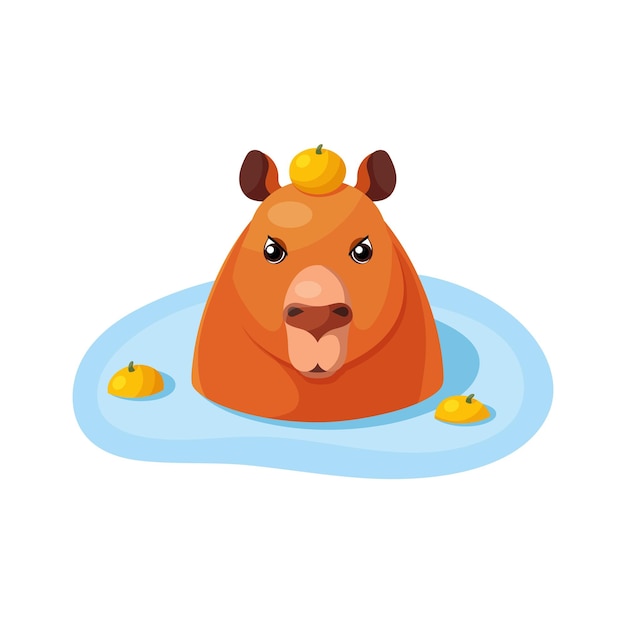 Ilustração vetorial plana de uma capivara sentada na água com uma tangerina na cabeça isolada em