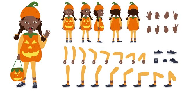 Vetor ilustração vetorial plana de uma menina afro-americana bonita vestindo um traje de halloween de abóbora