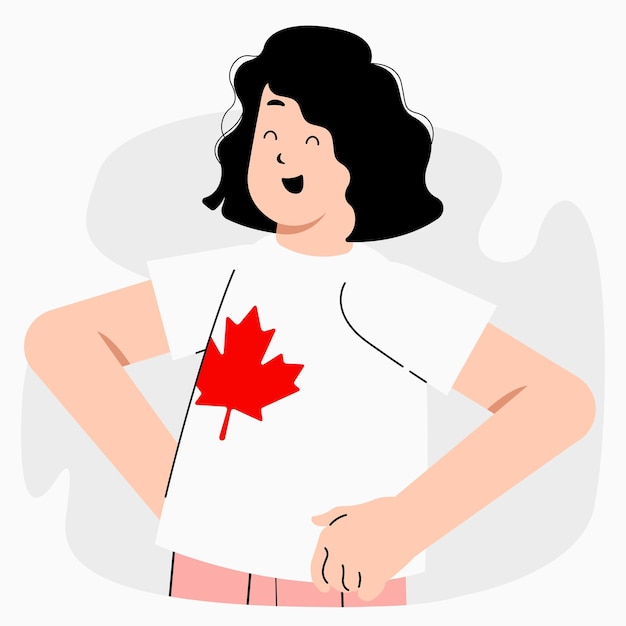 Ilustração vetorial plana de uma mulher feliz vestindo uma camisa do canadá