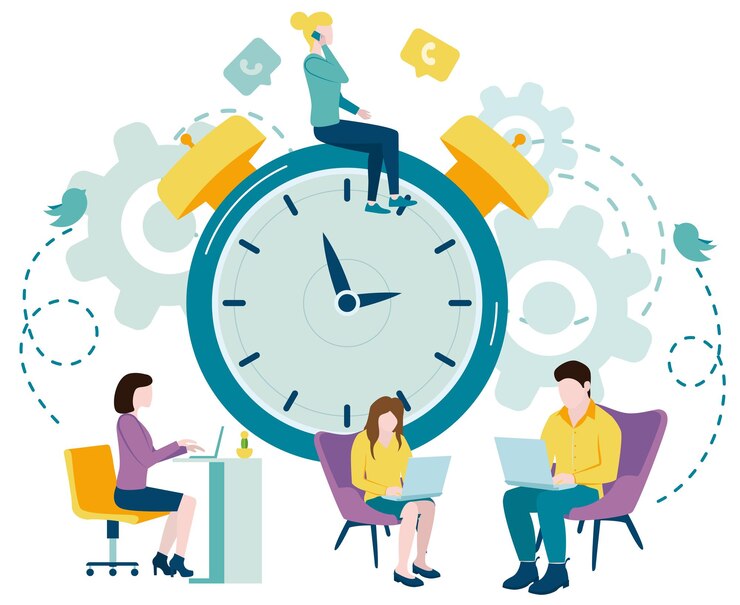 Ilustração vetorial plana do gerenciamento de tempo e cronograma Organizar o horário de trabalho As pessoas que trabalham no horário de trabalho assuntos e tarefas