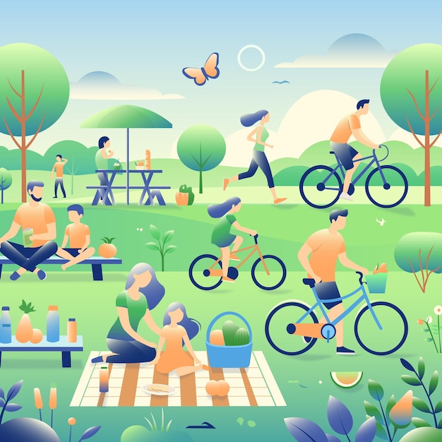 Ilustração vetorial plana estilo de vida saudável atividades familiares saudáveis ambiente natural alegre