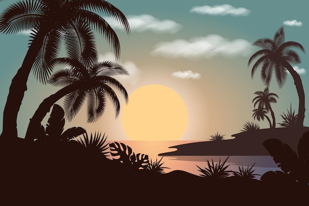 Vetor ilustração vetorial premium paisagem brilhante nuvens de sol palmeira silhueta de floresta tropical