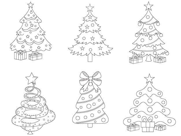 Ilustração vetorial preto e branco da árvore de natal para livro de colorir